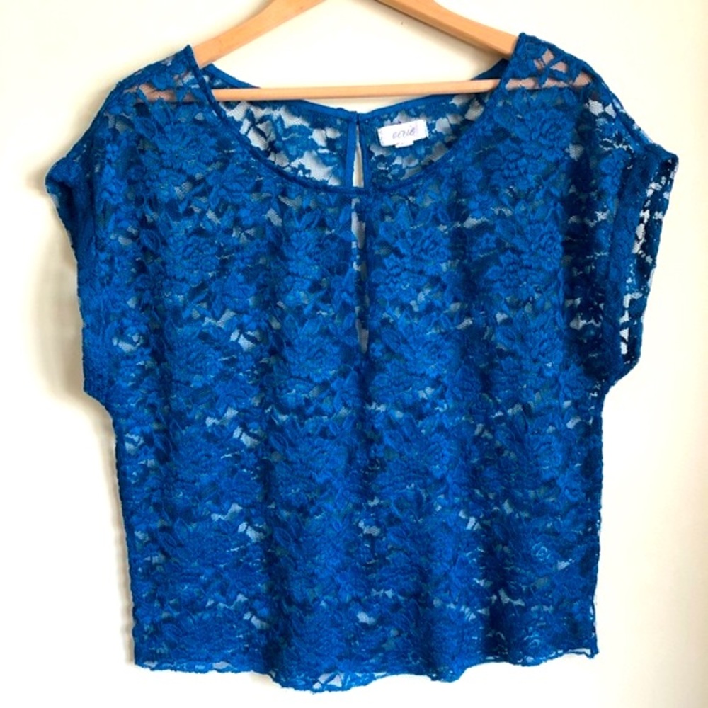 Aerie dark cobalt blue crop lace short sleeve shirt top size medium womens
